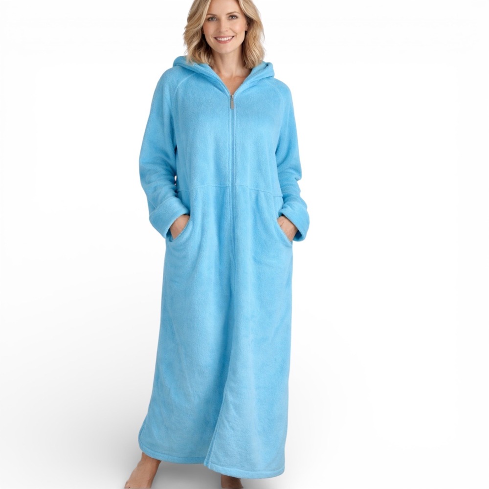 Jasmine Rose Womens 1X Blue Fleece Full Zip‎ Hooded Long Robe NWT